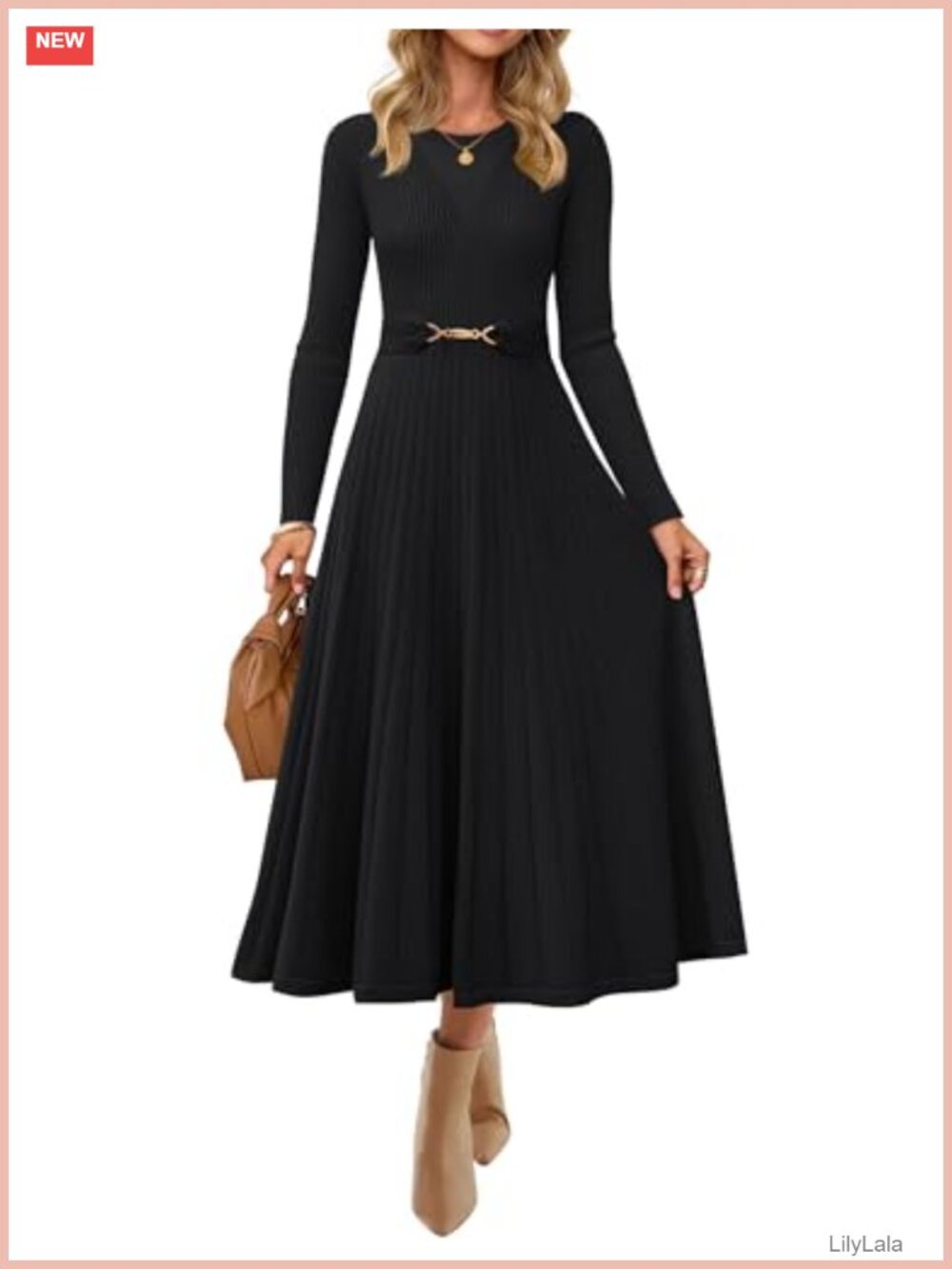 Pleated Midi Sweater Dress Long Sleeve Belted Knit Crew Neck